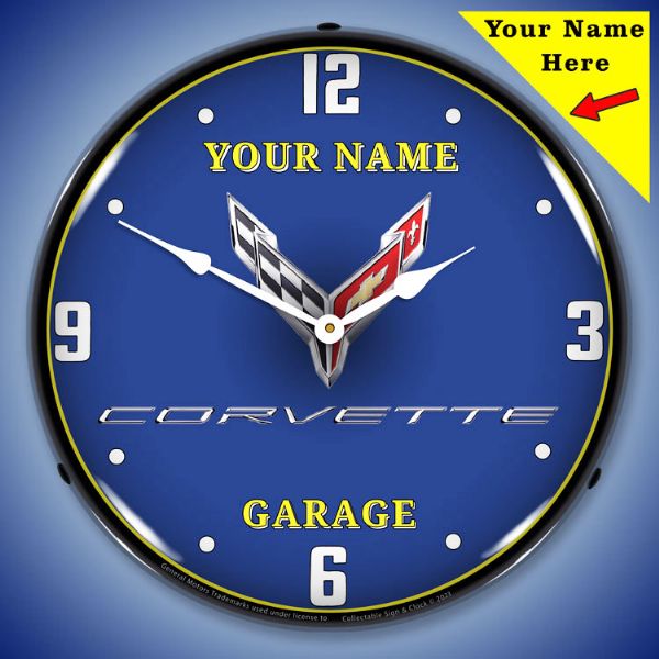 Add Your Name to this 14" C8 Corvette Garage Backlit LED Clock - Vette1 - C8 Clocks