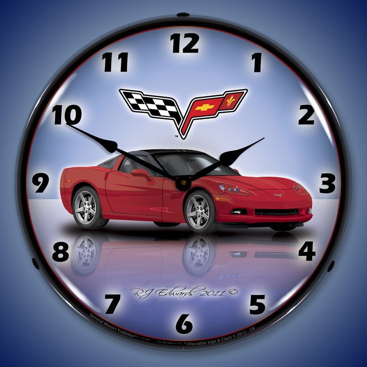 C6 Corvette Crystal Red 14” Backlit LED Clock - Vette1 - C6 Clocks