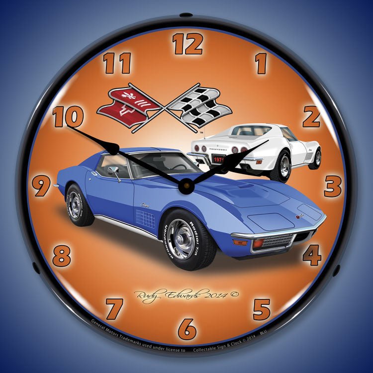 1970 C3 Corvette Stingray 14” Backlit LED Clock Blue - Vette1 - C3 Clocks