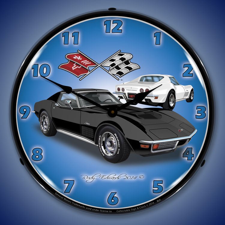 1971 C3 Corvette Stingray 14” Backlit LED Clock Black - Vette1 - C3 Clocks