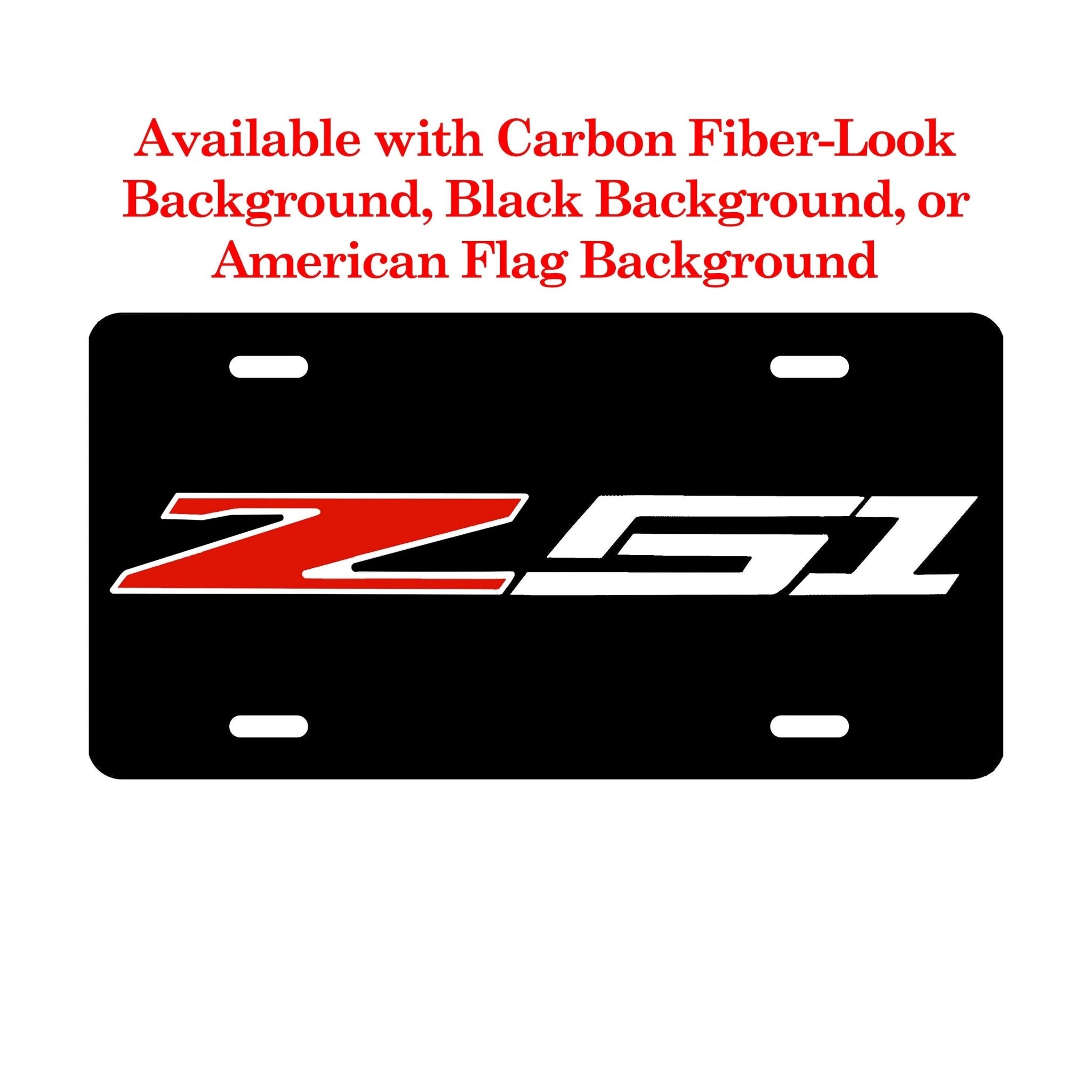 Corvette C7 Z51 Logo License Plate Carbon Fiber Look, Black Background, American Flag - Vette1 - C7 License Plates