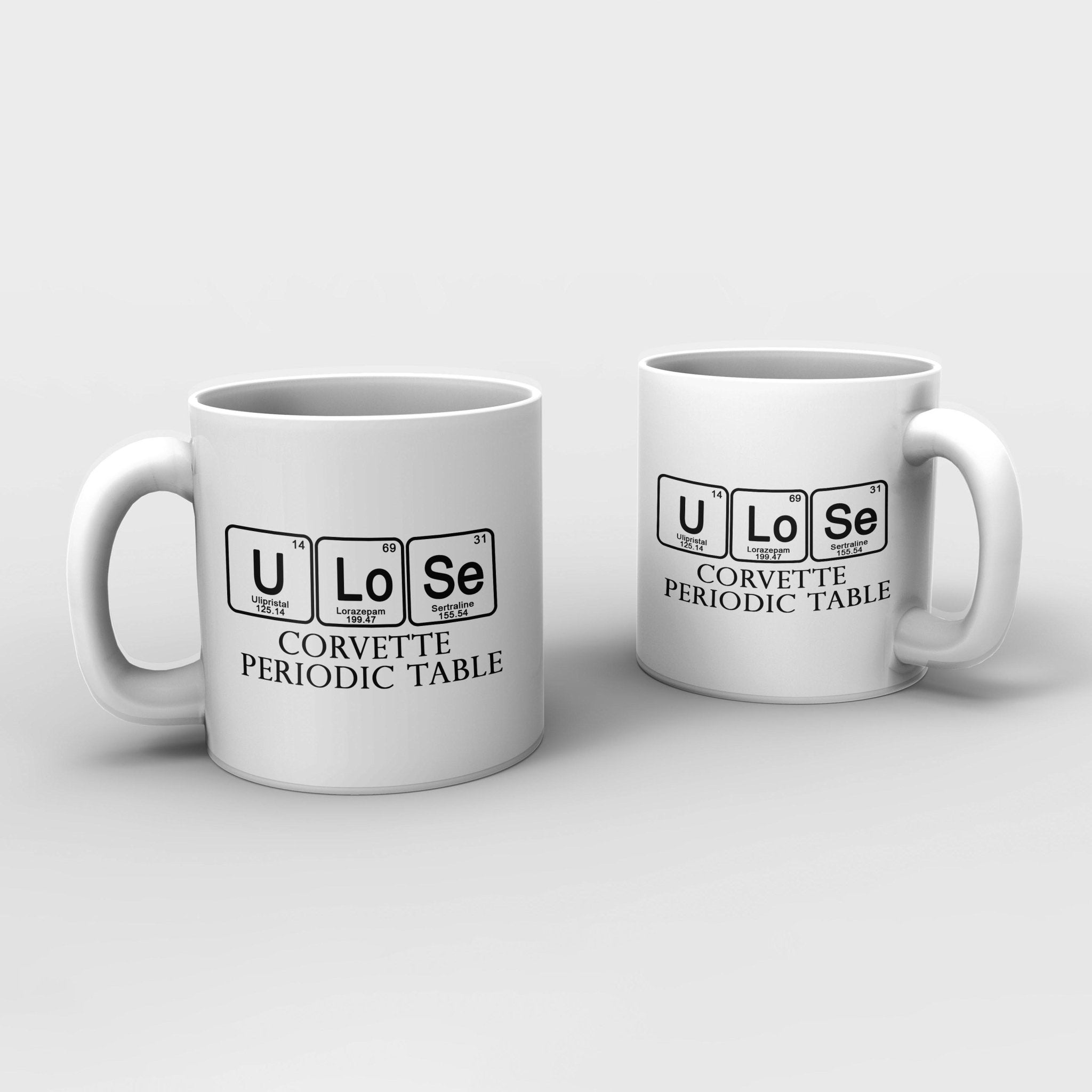 Corvette "U Lose" Periodic Table White Ceramic Coffee Mug, 11 oz. - Vette1 - Misc. Coffee Mugs