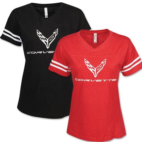 Ladies Corvette C8 Football Jersey V-Neck T-Shirt - Vette1 - C8 Ladies' Tops